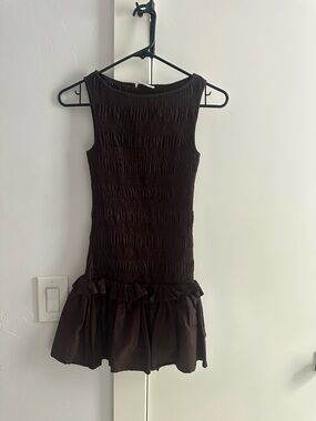 Peppermayo Chocolate Brown Smocked Mini Dress with Ruffle Hem